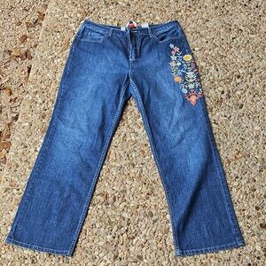 Talbots Women's 12 Embroidered Floral Leg Blue Women's Stretch Straight Jeans